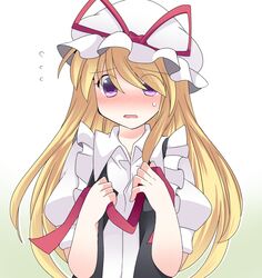  1girl alternate_costume apron blonde_hair blush bust dress_shirt enmaided hammer_(sunset_beach) hat long_hair maid open_mouth ribbon shirt solo touhou violet_eyes yakumo_yukari 