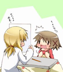  brown_hair hazuki_haru hidamari_sketch kotatsu miyako paper pencil short_hair table translated wide_face wideface wooden_pencil yuno 