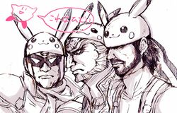 captain_falcon cosplay f-zero facial_hair ganondorf hat kirby kirby_(series) lowres metal_gear_solid monochrome multiple_boys nintendo pikachu pikachu_(cosplay) pokemon purple scarf solid_snake speech_bubble super_smash_bros. the_legend_of_zelda 