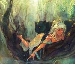  bad_id dark_skin long_hair lowres lying orange_eyes original panther water white_hair 