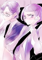  2girls db_(dokidoki!_precure) dokidoki!_precure driving formal glasses head_rest kenzaki_makoto multiple_girls pant_suit precure purple_hair short_hair suit tima violet_eyes 