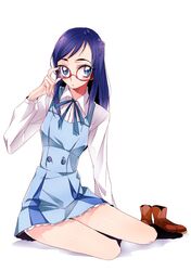  1girl adjusting_glasses blue_eyes blue_hair dokidoki!_precure glasses hishikawa_rikka long_hair precure shoes_removed simple_background sitting solo tima white_background 