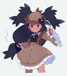  1girl black_hair bow cosplay detective feille hat hat_bow iris_(pokemon) magnifying_glass pokemon pokemon_(game) pokemon_bw red_eyes sherlock_shellingford_(cosplay) solo tantei_opera_milky_holmes 