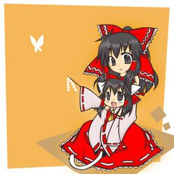  black_hair butterfly cat_ears cat_tail detached_sleeves dual_persona gohei hakurei_reimu kemonomimi_mode long_hair lowres nagamo_sakana tail time_paradox touhou young 