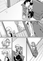  2girls alice_margatroid book comic desk kirisame_marisa monochrome multiple_girls sakimiya_(inschool) touhou translation_request 