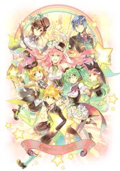  2boys 4girls dress hair_ribbon hat hatsune_miku highres kagamine_len kagamine_rin kaito megurine_luka meiko multiple_boys multiple_girls osamu_(jagabata) rainbow ribbon star top_hat vocaloid 