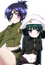  bad_id blush chrome_dokuro eyepatch green_hair hat katekyo_hitman_reborn katekyo_hitman_reborn! long_hair long_sleeves midriff miniskirt momoiro_tanuki multiple_girls navel purple_eyes purple_hair short_hair sitting skirt uni_(reborn) violet_eyes 