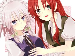  blue_eyes braid hong_meiling izayoi_sakuya kanaritu red_hair redhead ribbon silver_hair touhou twin_braids 