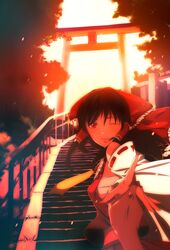  detached_sleeves foreshortening hakurei_reimu hand_holding hands holding_hands lips porigon red_eyes sarashi smile stairs torii touhou wink 