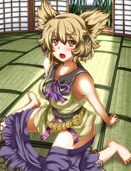  1girl bamboo bare_shoulders belt breasts brown_eyes brown_hair earmuffs highres kneeling open_mouth skirt solo tatami taut_clothes taut_shirt touhou toyosatomimi_no_miko undressing zan_(harukahime) 