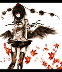  black_hair hat leaf leaves neota shameimaru_aya short_hair skirt thigh-highs thighhighs touhou 