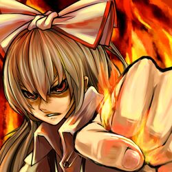  fire fist foreshortening fujiwara_no_mokou hair_ribbon hands highres hijiri_(pixiv) red_eyes ribbon silver_hair touhou 