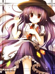  blush food fruit hat hinanawi_tenshi long_hair lying mashayuki peach red_eyes touhou 