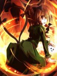 braid cat_ears cat_tail fire from_behind kaenbyou_rin mashayuki multi_tail multiple_tails red_eyes red_hair redhead ribbon solo tail touhou twin_braids 