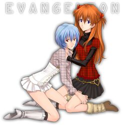  ayanami_rei bad_id blue_eyes blue_hair boots brown_hair casual chimachi kneeling legs long_hair multiple_girls neon_genesis_evangelion red_eyes short_hair skirt souryuu_asuka_langley 