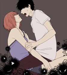  1boy 1girl aku_no_hana black_hair doudoude_dou eyes flower glasses kasuga_takao nakamura_sawa redhead short_hair 