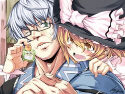  blonde_hair blush close-up eyedrops fang glasses green_eyes hands_clasped hat kirisame_marisa looking_back morichika_rinnosuke nichi_doriimu nichi_dream ribbon silver_hair sweat tears touhou wince witch_hat yellow_eyes 