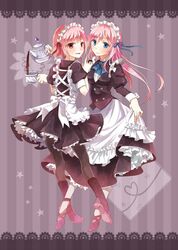  2girls blue_eyes cup dress dress_lift heart heart_of_string long_hair maid maid_headdress multiple_girls nekozuki_yuki open_mouth original pantyhose pink_eyes pink_hair short_hair smile teacup teapot 