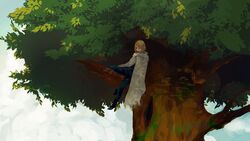  1boy brown_hair cloak hayakawa in_tree leaf long_hair onepunch_man senkou_no_flash sitting sitting_in_tree solo tree 