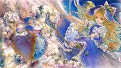  2girls alternate_color blonde_hair blue_eyes boots broom broom_riding goggles_on_hat hat hood hoop kirisame_marisa kumoi_ichirin long_sleeves moon multiple_girls puffy_sleeves shirt short_sleeves silver_hair skirt skirt_set touhou vest wide_sleeves witch_hat yellow_eyes yogisya 