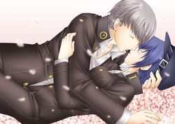  1girl blue_hair blush cabbie_hat chibiken closed_eyes hat kiss lying narukami_yuu persona persona_4 petals reverse_trap seta_souji shirogane_naoto 