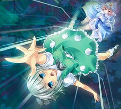  2girls blue_eyes dress hair_ribbon hairband hat konpaku_youmu maki_(seventh_heaven_maxion) multiple_girls open_mouth outstretched_arm pink_eyes pink_hair ribbon saigyouji_yuyuko short_hair silver_hair skirt skirt_set touhou triangular_headpiece upside-down 