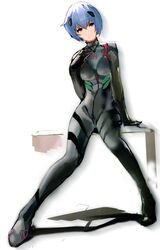  1girl ayanami_rei blue_hair breasts hair_ornament neon_genesis_evangelion plugsuit rebuild_of_evangelion red_eyes short_hair sitting so-bin solo 
