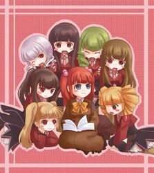  bad_id beelzebub belphegor black_hair blonde_hair blue_eyes blush bow chibi drill_hair frills green_hair hair_bobbles hair_ornament highres iwa iwa_hinata leviathan_(umineko) long_hair lucifer mammon red_eyes red_hair satan side_ponytail silver_hair stakes_of_purgatory tears thighhighs twintails umineko_no_naku_koro_ni ushiromiya_ange 