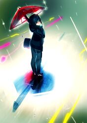  1girl bag black_hair glasses jacket long_hair pantyhose red-framed_glasses so-bin solo umbrella 