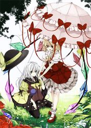  2girls adapted_costume alternate_hair_length alternate_hairstyle ayasekira blonde_hair blouse bobby_socks bow flandre_scarlet flower grass green_eyes hands_together hat hat_removed hat_ribbon headwear_removed heart heart_of_string highres komeiji_koishi light_particles long_hair looking_at_viewer mary_janes multiple_girls parasol parted_lips puffy_short_sleeves puffy_sleeves red_eyes red_rose ribbon rose shoes short_hair short_sleeves simple_background skirt skirt_set smile socks third_eye touhou umbrella white_background white_hair wide_sleeves 