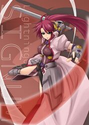  armor breasts gloves green_eyes hair_ribbon hair_ribbons jacket levantine long_hair mahou_shoujo_lyrical_nanoha mahou_shoujo_lyrical_nanoha_strikers ponytail purple_hair ribbon ribbons sei2makoto signum sword weapon 
