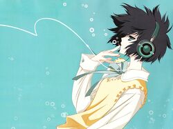  blue carnelian headphones highres para-sol short_hair wallpaper yatabe_miu 