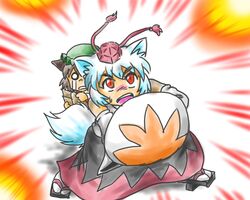  animal_ears bare_shoulders bit brown_hair cat_ears chen detached_sleeves geta hat inubashiri_momiji multiple_girls o_o open_mouth red_eyes sandals shield short_hair silver_hair tail tears tengu-geta tokin_hat touhou wolf_ears wolf_tail 