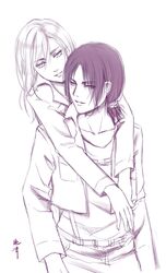  2girls christa_renz hug hug_from_behind looking_back monochrome multiple_girls shingeki_no_kyojin short_hair ymir_(shingeki_no_kyojin) yoruyuki_umioto 