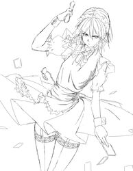  1girl braid card garter_belt gun highres izayoi_sakuya maid maid_headdress monochrome niwatazumi pocket_watch short_hair sketch solo thigh-highs touhou twin_braids watch weapon wrist_cuffs 