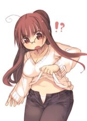  arima_senne breasts brown_hair glasses kashiwamochi_yomogi midriff open_fly original panties plump sweater underwear unzipped 