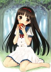  1girl apple barefoot blush brown_eyes brown_hair dress food fruit hair_ribbon hairband long_hair midorikawa_you original ribbon solo tree 