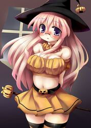 breasts cleavage glasses halloween hat long_hair lucky_star midriff navel pink_hair pumpkin purple_eyes six_alchemy takara_miyuki tekehiro thigh-highs thighhighs violet_eyes witch_hat 