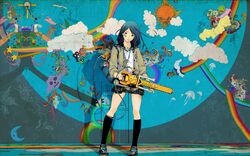  1280x800 bandaid blue_eyes blue_hair cellphone chainsaw chicks_with_chainsaws cross graffiti hair_ornament necklace oh!_great rainbow school_uniform skirt socks uniform wallpaper 