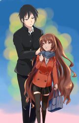  black_hair brown_eyes brown_hair long_hair scarf school_uniform takasu_ryuuji thigh-highs thighhighs toradora! 