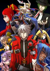  4girls 5boys amane_nishiki androgynous armor azrael_(blazblue) bare_shoulders belt blazblue blazblue:_chrono_phantasma blonde_hair blue_hair breasts bullet_(blazblue) cape cleavage crop_top dark_skin detached_sleeves eyeshadow facial_hair fedora fingerless_gloves gauntlets ggrock gloves goatee gothic_lolita green_eyes green_hair grin hair_ornament hair_ribbon hair_tubes half_updo hat hazama heterochromia izayoi_(blazblue) jacket japanese_clothes jin_kisaragi large_breasts lolita_fashion long_hair makeup multiple_boys multiple_girls navel necktie noel_vermillion ponytail purple_hair rachel_alucard ragna_the_bloodedge red_eyes redhead ribbon scar short_hair silver_hair skirt smile sword trap twintails weapon white_hair wink yellow_eyes 