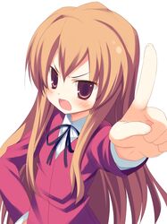  blush brown_eyes brown_hair fang long_hair meito_(maze) school_uniform skin_fang solo toradora! 