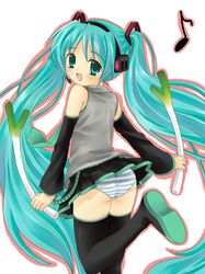 aqua_hair ass bad_id detached_sleeves hanabana_tsubomi hatsune_miku headphones highres long_hair microphone notenotenote panties pantyshot skirt skirt_lift spring_onion striped striped_panties thigh-highs thighhighs twintails underwear very_long_hair vocaloid zettai_ryouiki 