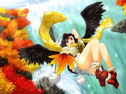  bad_id black_hair fan flying geta hat panties scarf shameimaru_aya short_hair skirt tengu-geta touhou underwear water waterfall wen wings 