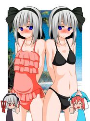  bikini blush hairband hitodama konpaku_youmu konpaku_youmu_(ghost) m.u.g.e.n multiple_girls myon short_hair siblings silver_hair swimsuit touhou tsumidango twins 