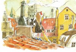  1girl alternate_hair_length alternate_hairstyle bag black_cat bow broom brown_hair cat cityscape concept_art from_behind hair_bow hairband jiji_(majo_no_takkyuubin) kiki long_hair lowres majo_no_takkyuubin satchel solo studio_ghibli 