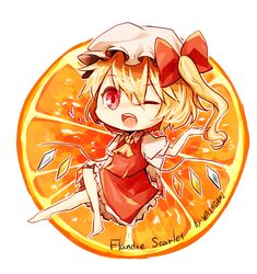  1girl blonde_hair fang flandre_scarlet food fruit hat kaio_(watagami) open_mouth orange red_eyes ribbon short_hair side_ponytail skirt solo touhou wink 