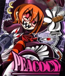  1girl adapted_costume bespectacled black_eyes black_sclera bloomers blush character_name cigar dress earrings embellished_costume extra_eyes glasses gloves grin gun hat jewelry mechanical_arms multicolored_eyes orange_hair peacock_(skullgirls) platform_footwear red-framed_glasses red_eyes revolver semi-rimless_glasses sharp_teeth short_hair skullgirls smile solo standing top_hat under-rim_glasses underwear weapon yuu_(pagubug) 