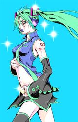  araki_hirohiko_(style) bare_shoulders cosplay detached_sleeves green_eyes green_hair hatsune_miku jojo's_bizarre_adventure jojo_no_kimyou_na_bouken kujo_jolyne kuujou_jolyne lips lipstick midriff navel necktie parody purple_lipstick skirt sleeveless solo sparkle sparkles style_parody thigh-highs thighhighs twintails vocaloid 