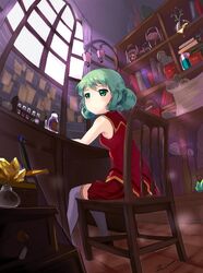  1girl bare_shoulders blush book bookshelf brooch cape crystal emerada_etuva green_eyes green_hair hataraku_maou-sama! jar jewelry short_hair solo sword test_tube thigh-highs weapon window 